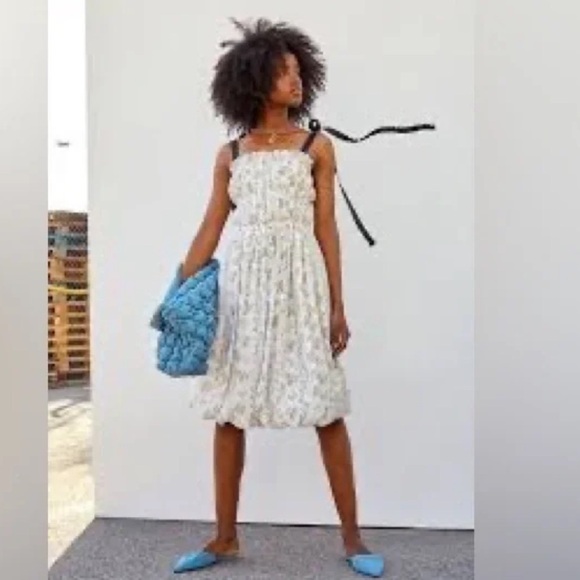 H&M X Brock Collection Tie Strap Smocked Floral Midi Dress NEW - Picture 2 of 12